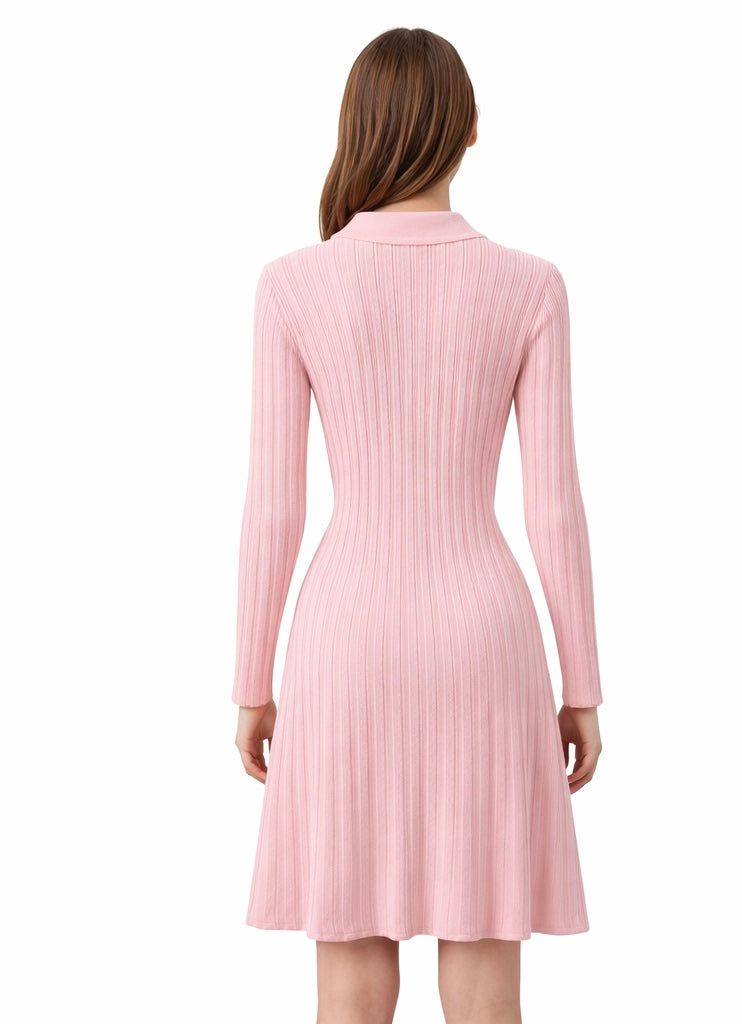 Pink Ribbed Long-Sleeve Knit Dress
