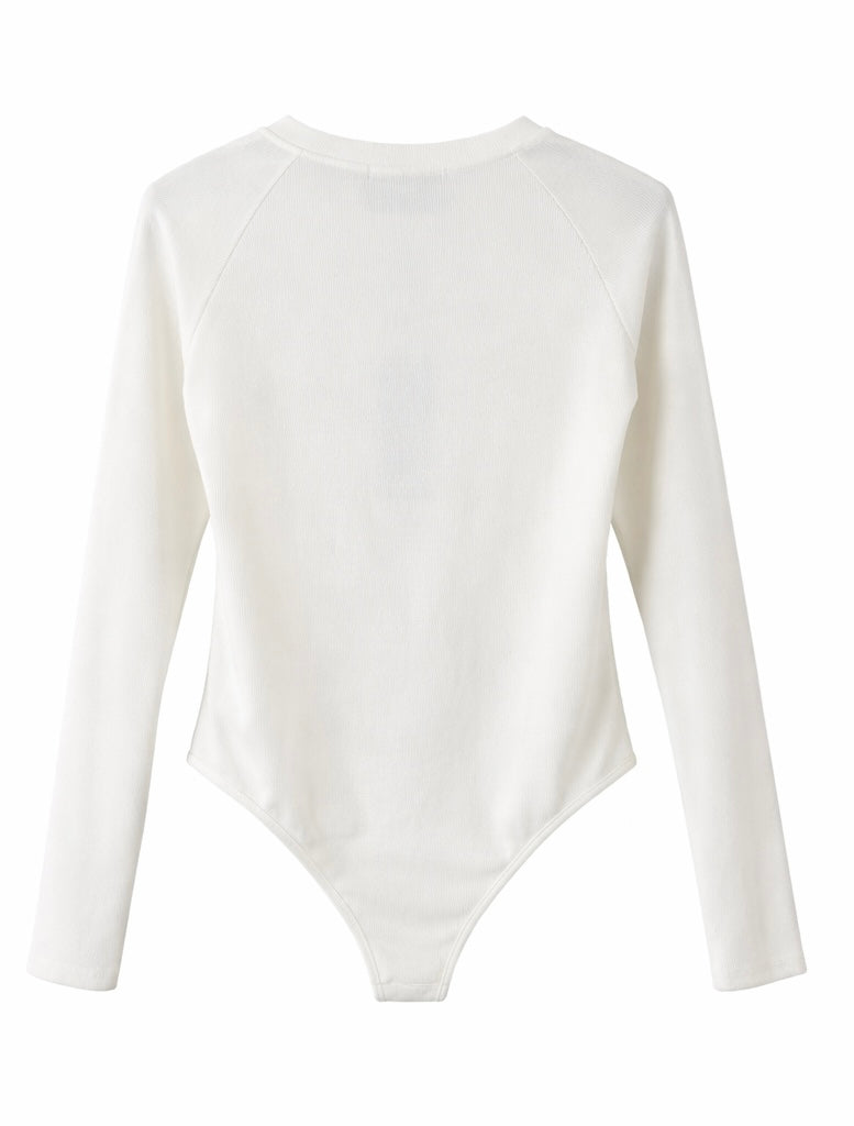 Ribbed Long-Sleeve Embellished Bodysuit – White