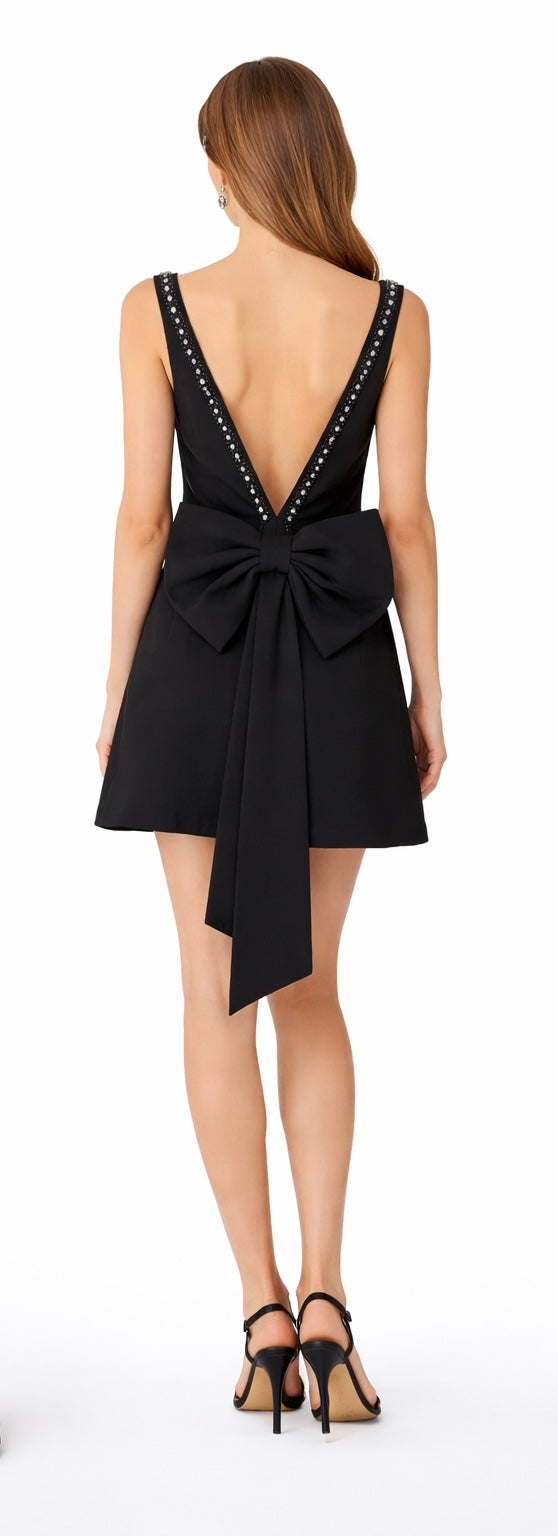 Embellished Strap Black Mini Dress with Bow Back