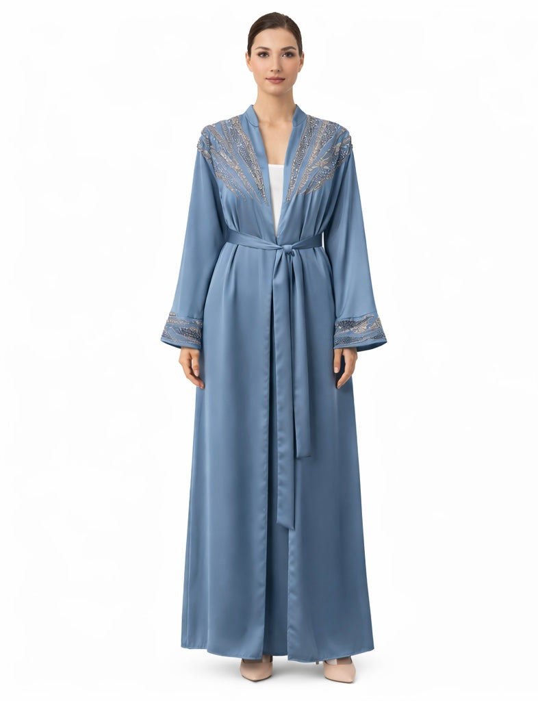 Embroidered Satin Open Abaya with Matching Waist Belt – Dusty Blue