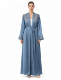 Embroidered Satin Open Abaya with Matching Waist Belt – Dusty Blue