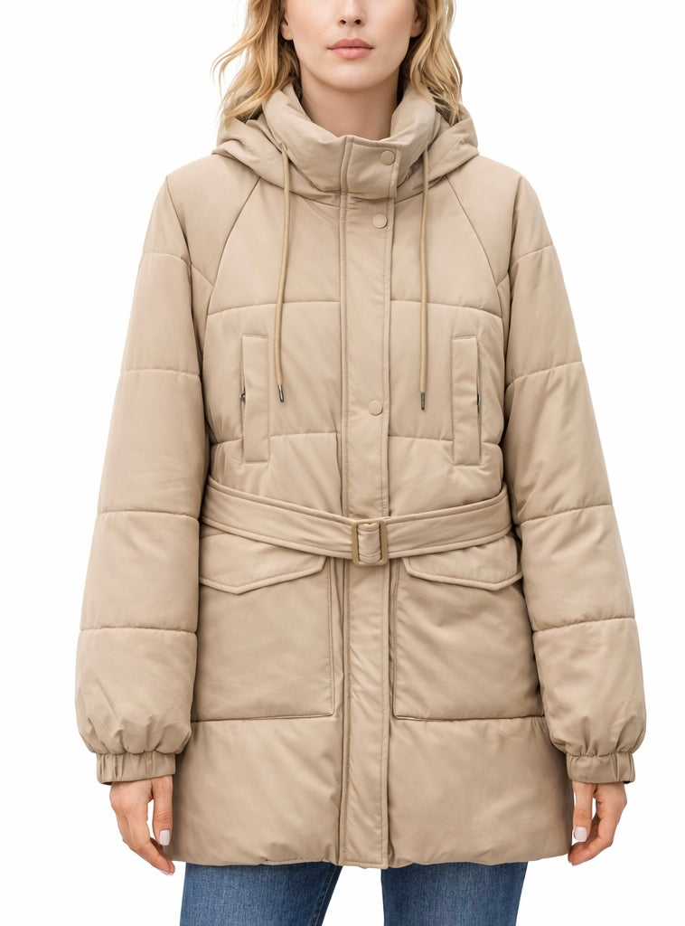 Beige Quilted Puffer Coat with Belt