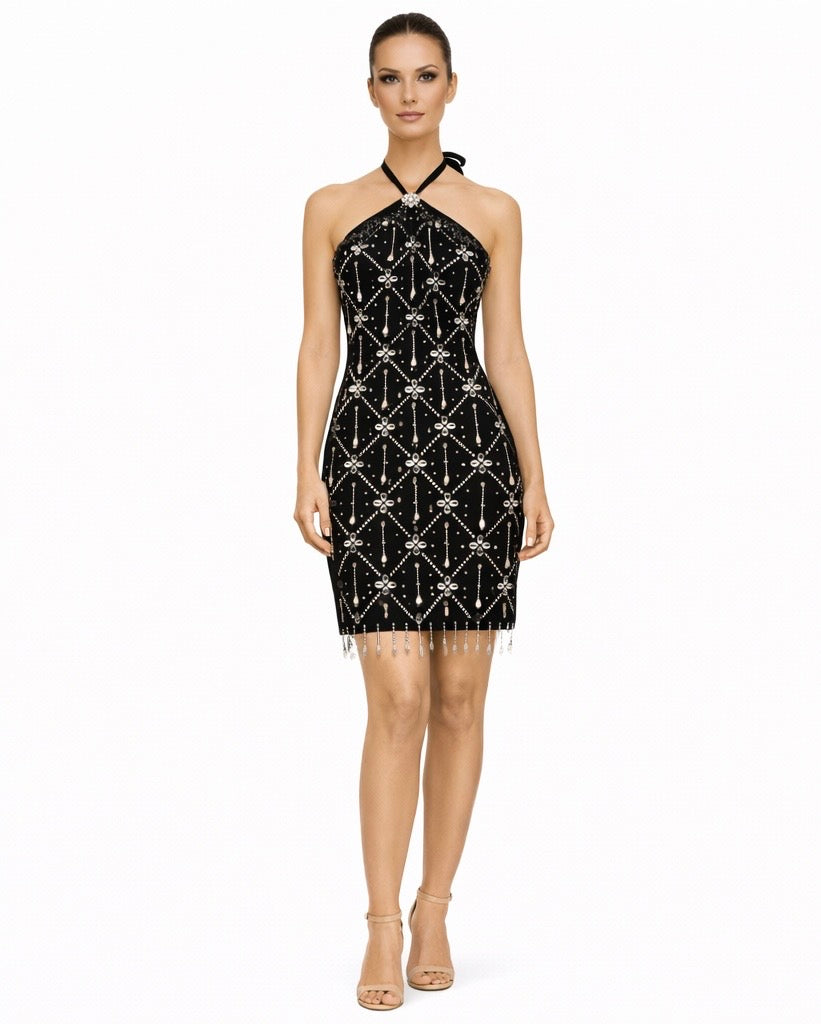 Black Crystal Embellished Halter Bandage Mini Dress