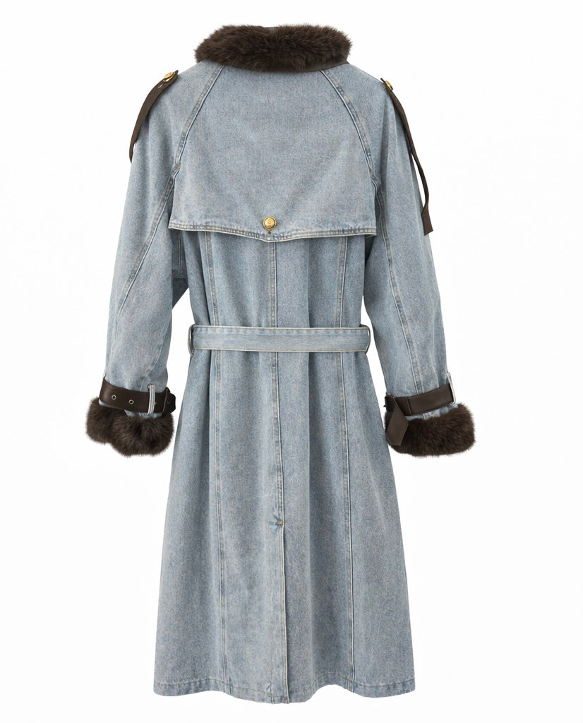 Denim Trench Coat with Cozy Fur Accents
