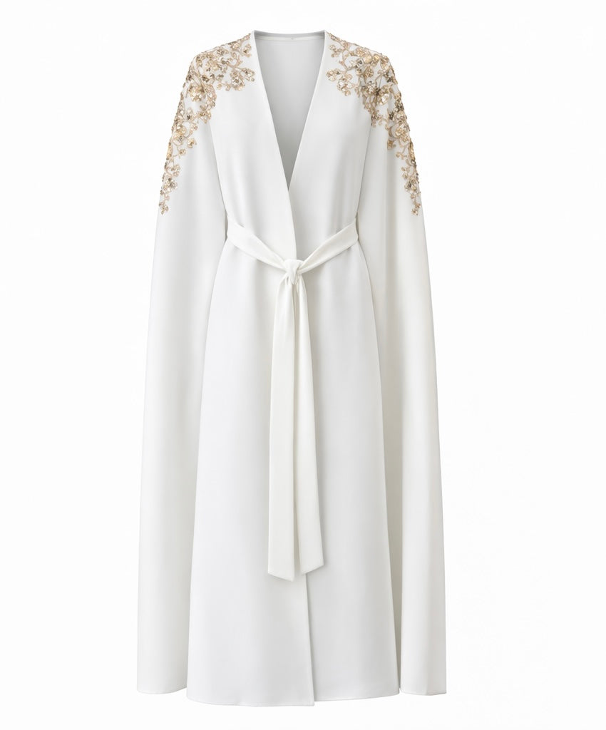 Ivory Embellished Cape Abaya with Hand-Beaded Shoulders