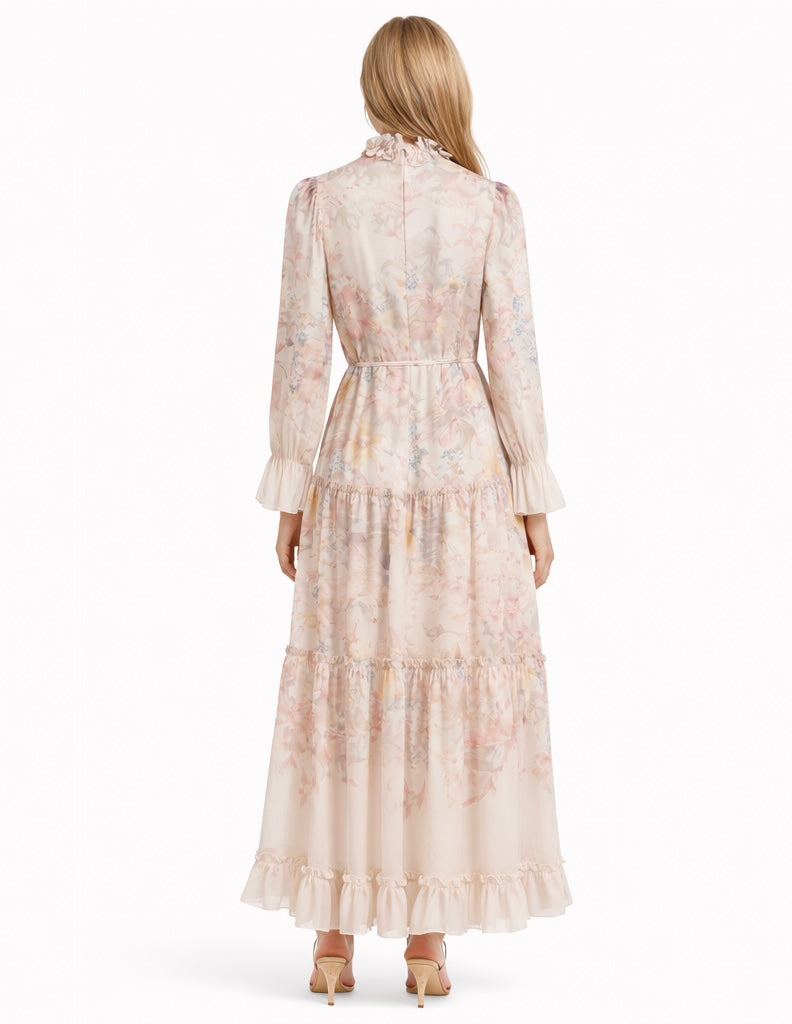 Elegant Floral Ruffle Neck Maxi Dress
