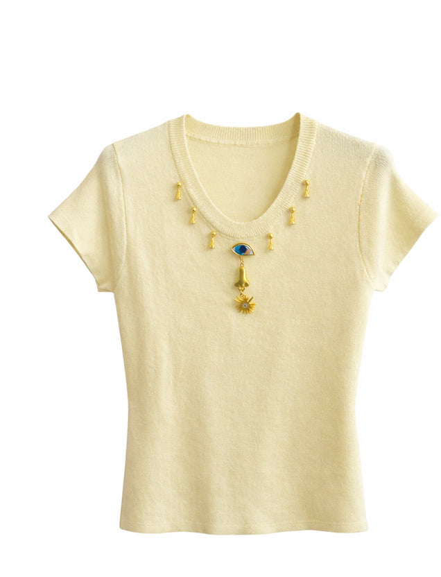 Charm Knit Top - Butter Yellow , light Blue , White , Black