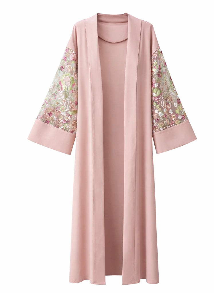 Evening Elegance Blush Nude Floral Sleeve Open Abaya