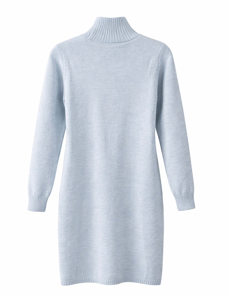 Button-Detail Turtleneck Knit Dress Light Blue