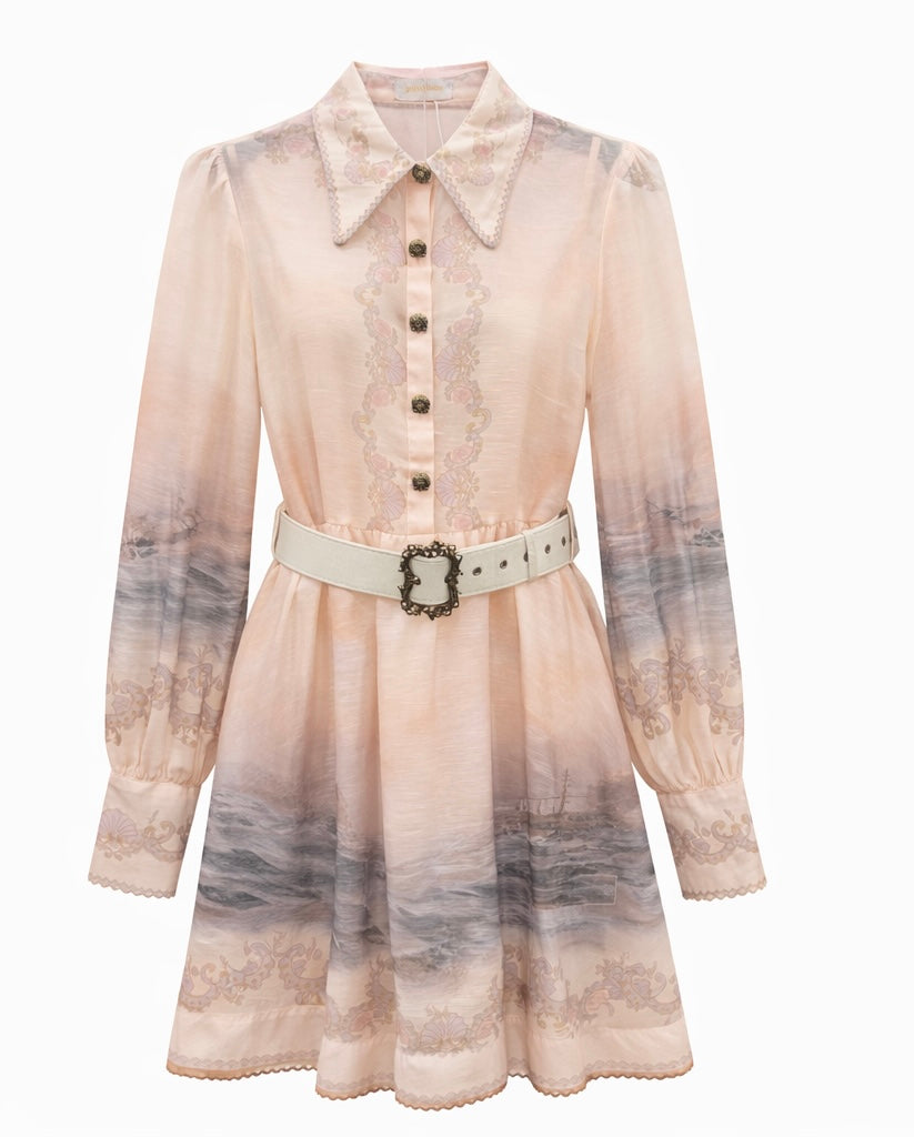 Blush Seaside Print Belted  Dress