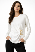 Gold Buckle Draped Long-Sleeve Top