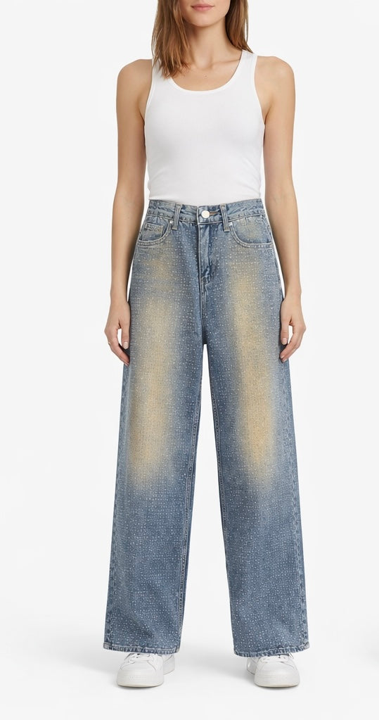 Rhinestone Detail Wide-Leg Denim Jeans