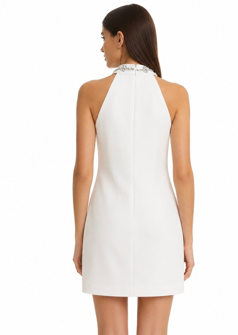 Crystal Embellished Halter White Mini Dress
