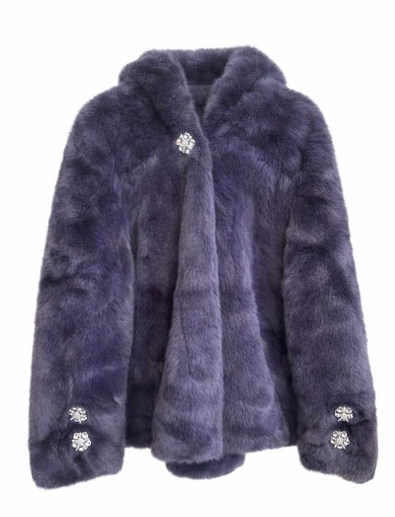 Crystal-Embellished Faux Fur Hooded Jacket – Midnight Purple