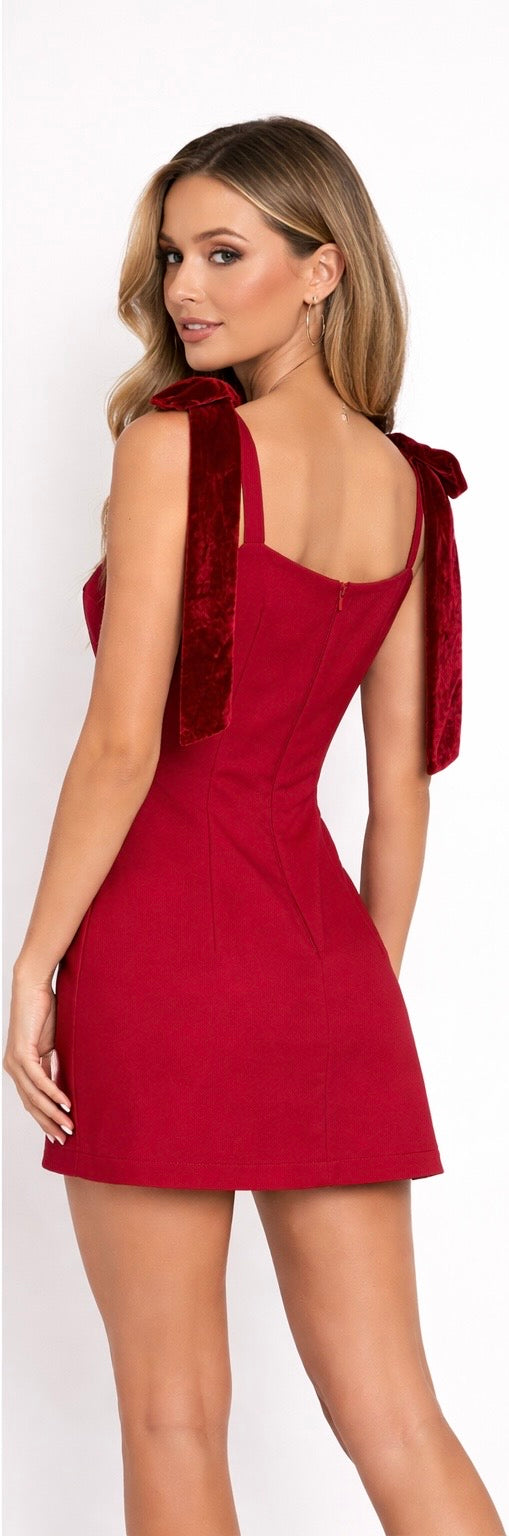 Amour Velvet Bow Mini Dress Burgundy