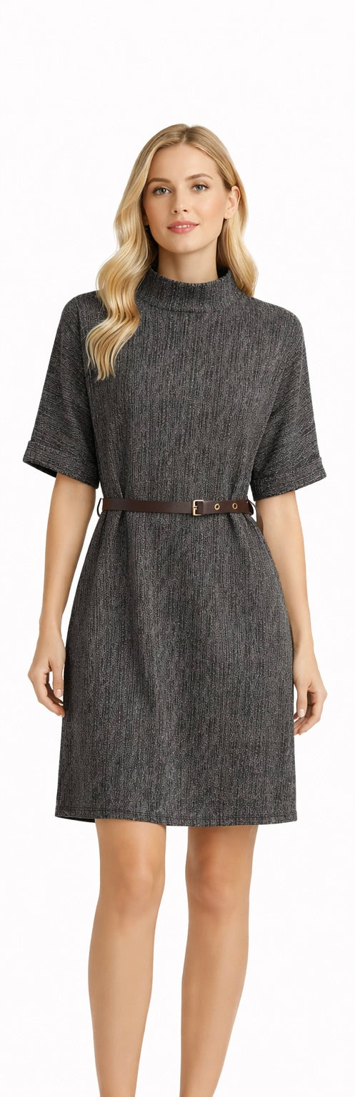 Textured Belted Mock Neck Midi Dress