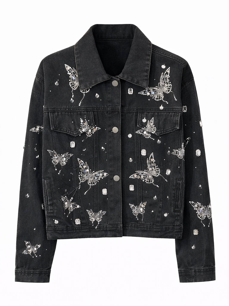 Embroidered sequins butterfly Dark Grey Jeans Jacket