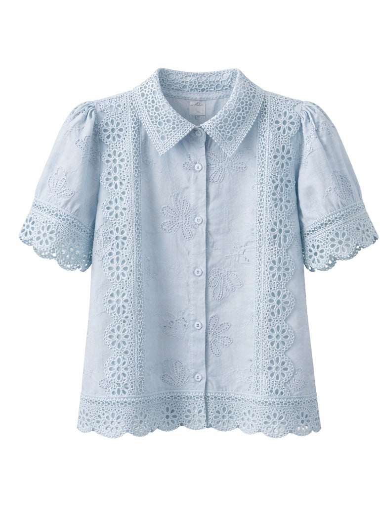 Chic  Floral Embroidered Shirt - Light Blue , White , Black