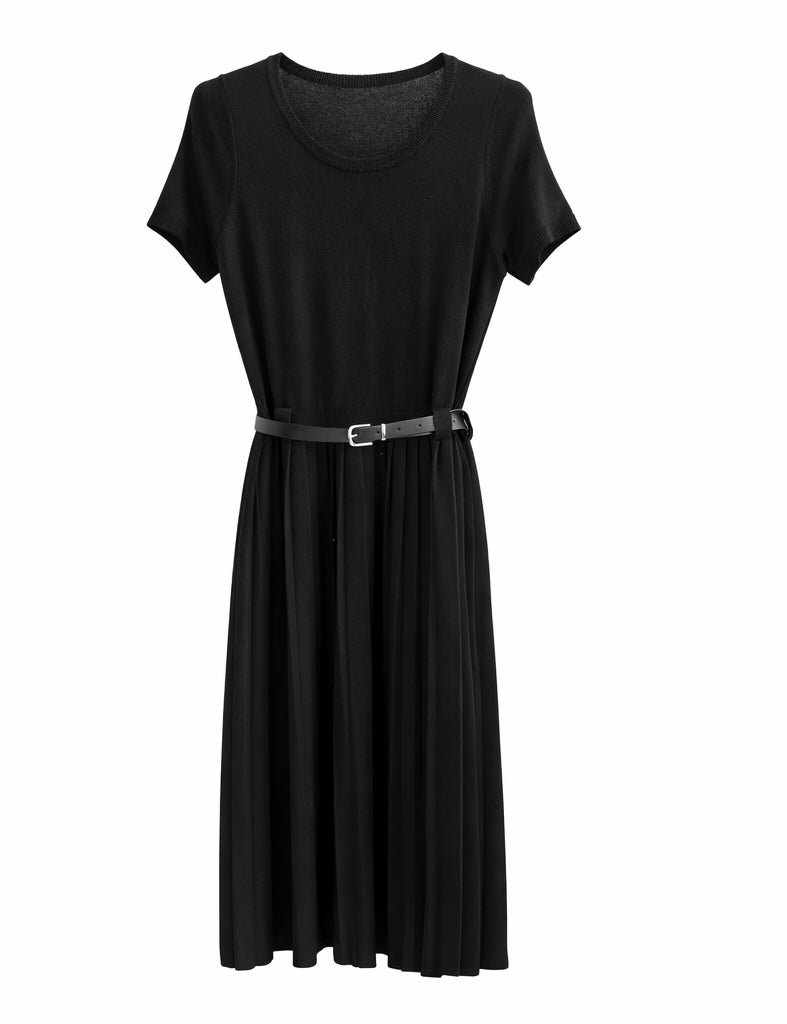 Black Knit Cardigan & Belted Pleated Dress