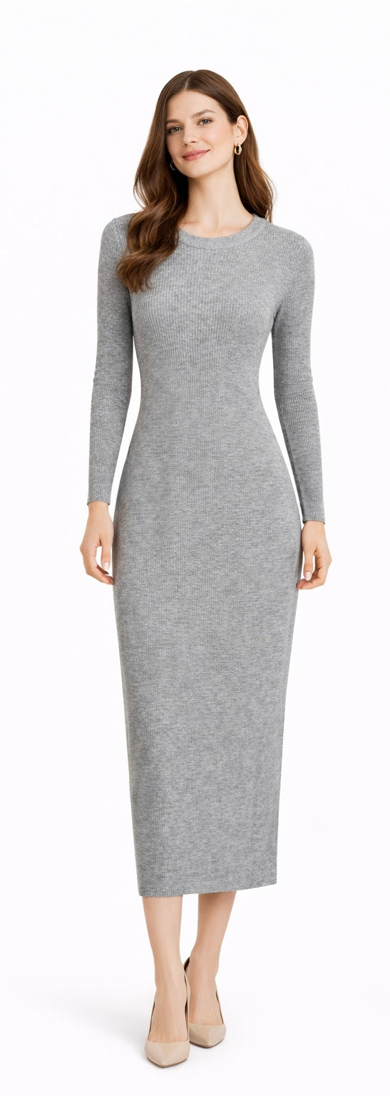 Essential Ribbed Knit Midi Dress – Gray
