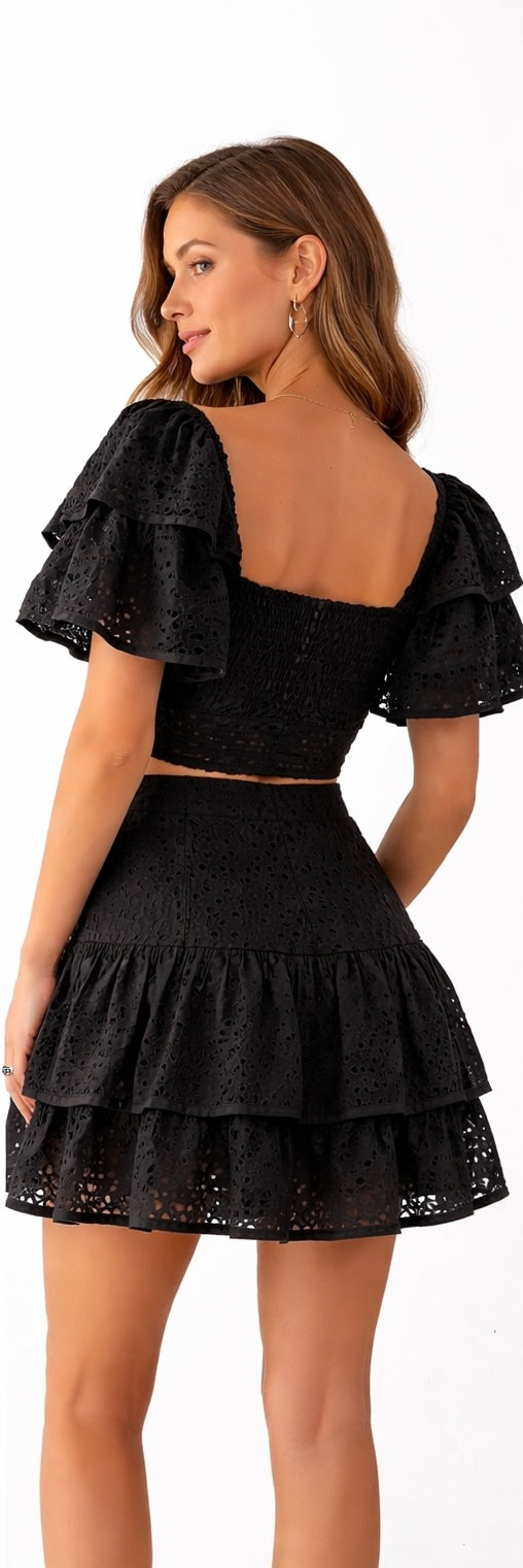 Embroidered Crop Top and Skirt Set - Black - White