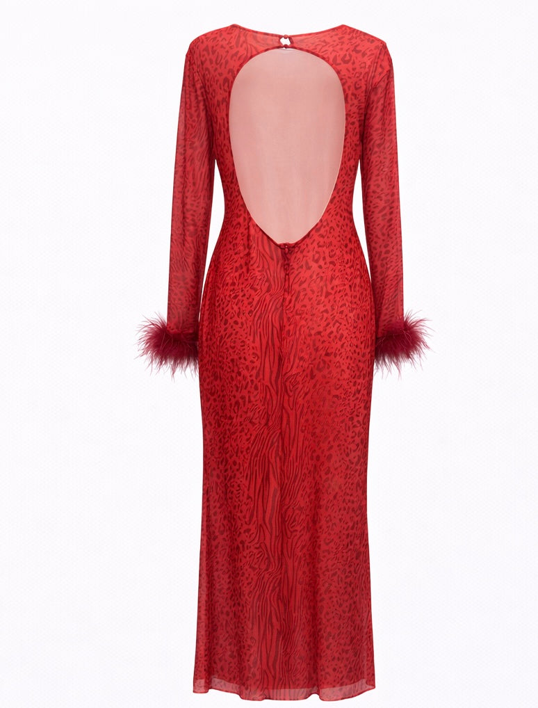 Red Animal Print Open-Back Maxi Dress with Feather Cuffs