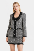 Pearl-Embellished Herringbone Tweed Jacket & Mini Skirt Set