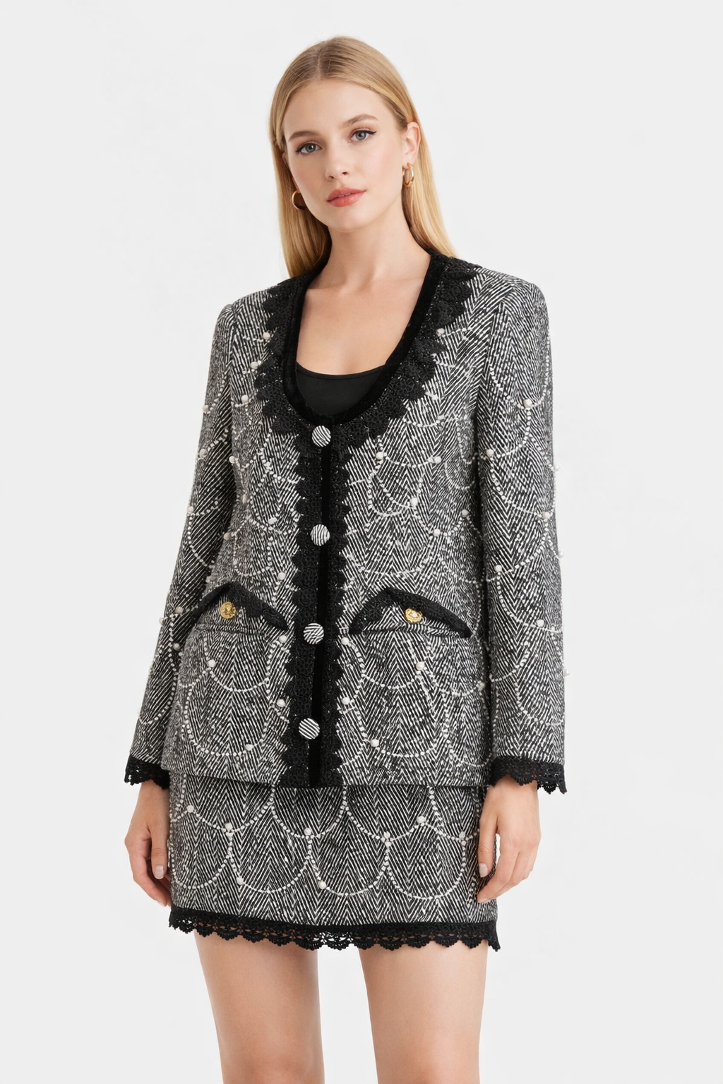 Pearl-Embellished Herringbone Tweed Jacket & Mini Skirt Set