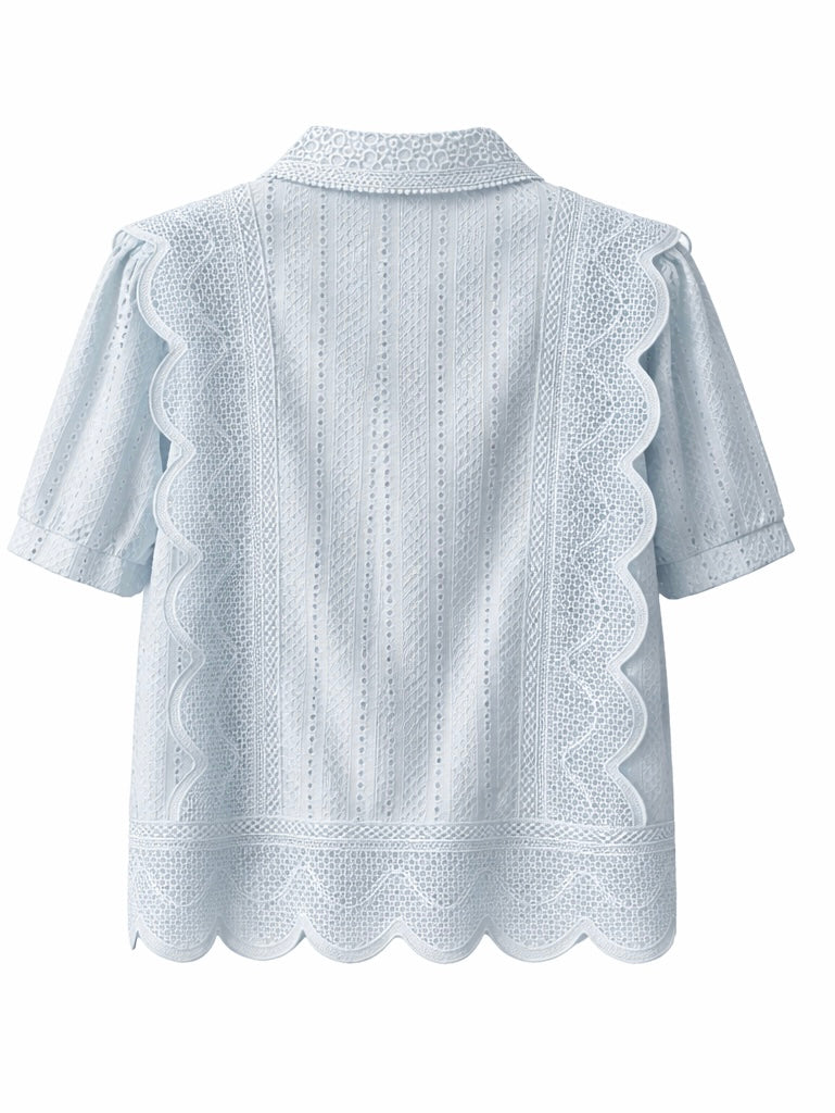 Romantic Floral Eyelet Lace Shirt - Butter Yellow , Light blue , pink , Black