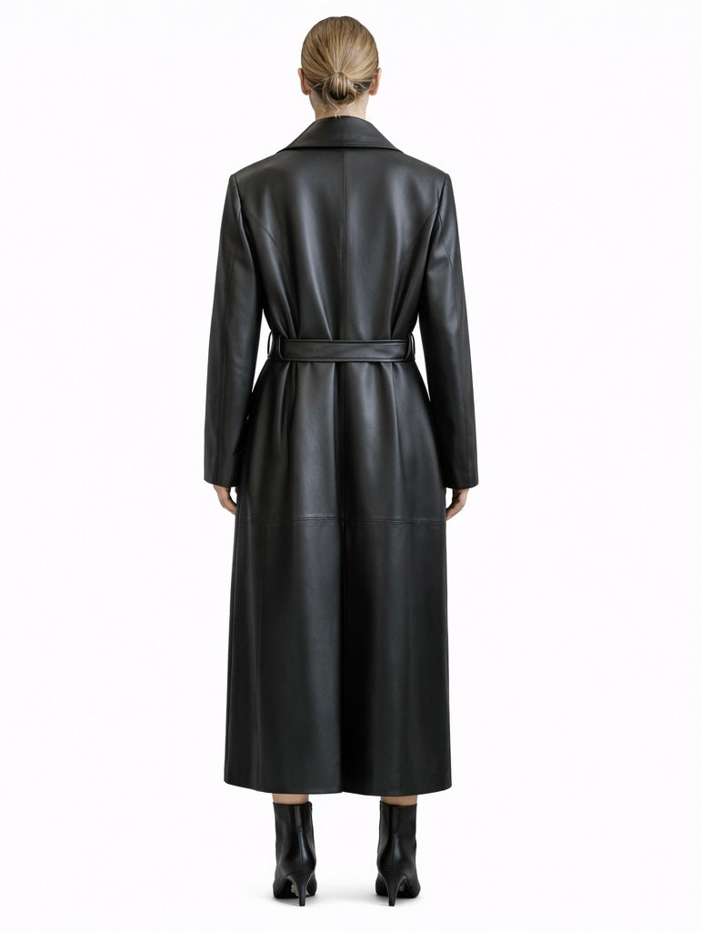 Black Leather Belted Trench Coat