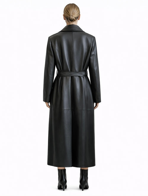 Black Leather Belted Trench Coat