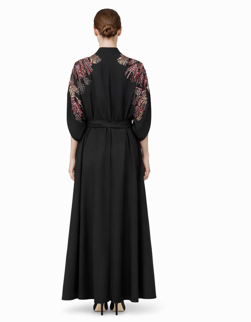 Black Hand-Embellished Open Abaya with Beaded Shoulders