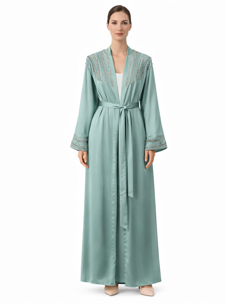 Embroidered Satin Open Abaya with Matching Waist Belt – Sage Green