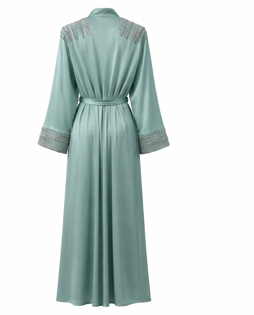 Embroidered Satin Open Abaya with Matching Waist Belt – Sage Green