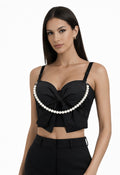 Black Pearl Bow Crop Corset Top with Removable Pearl Chain