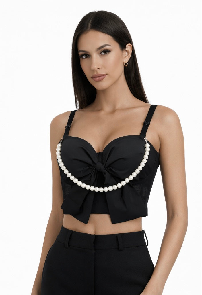 Black Pearl Bow Crop Corset Top with Removable Pearl Chain