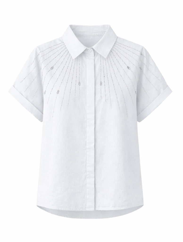 Embellished Short Sleeve Blouse - White , Baby Blue