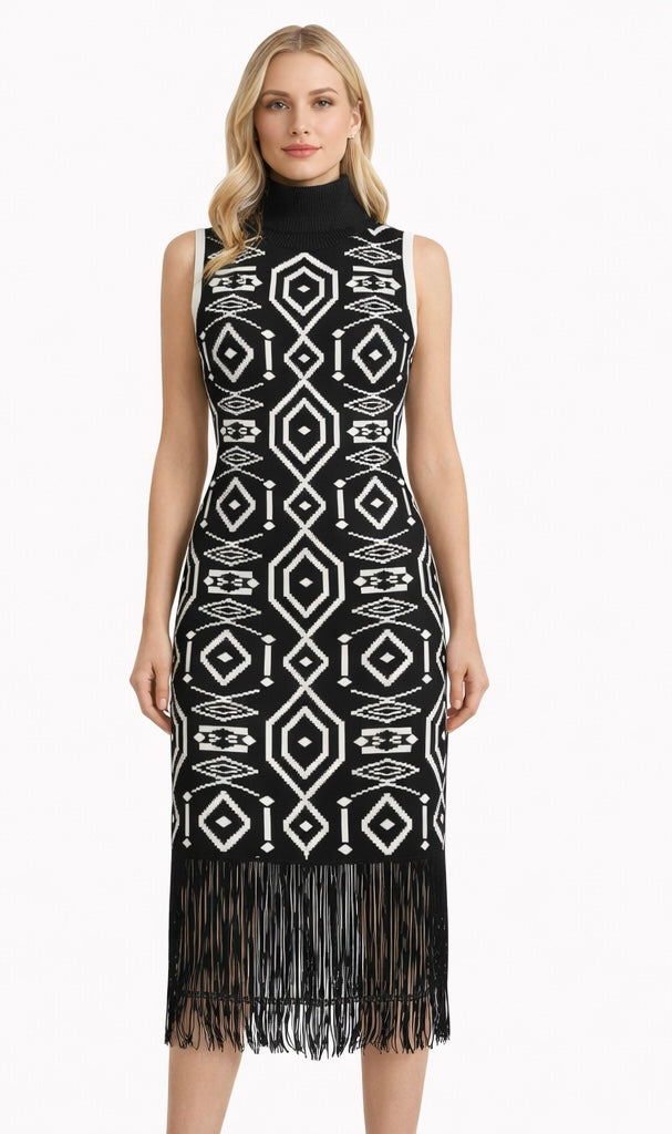 Statement Geometric Knit Fringe Dress