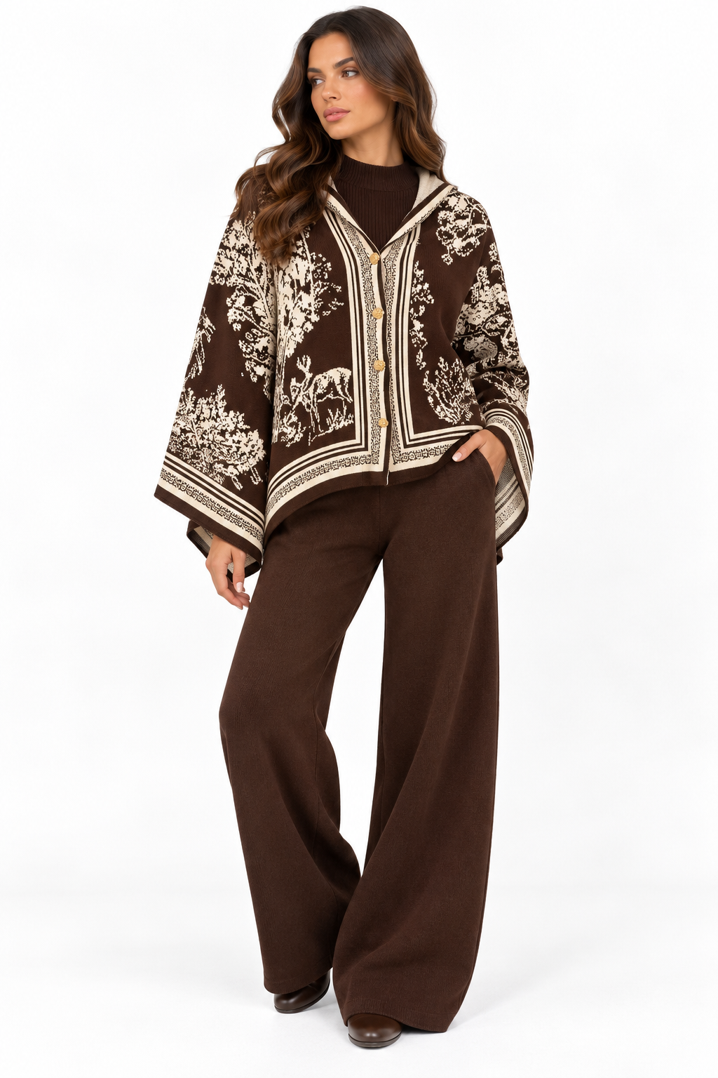 Printed Hooded Cardigan Set ( Pink , Brown , Beige , Black )