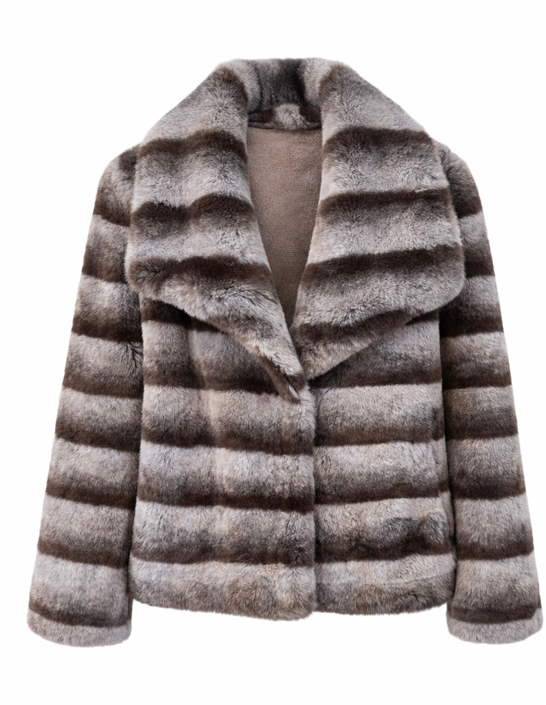 Striped Eco Fur Jacket with Wide Collar – Mocha Grey