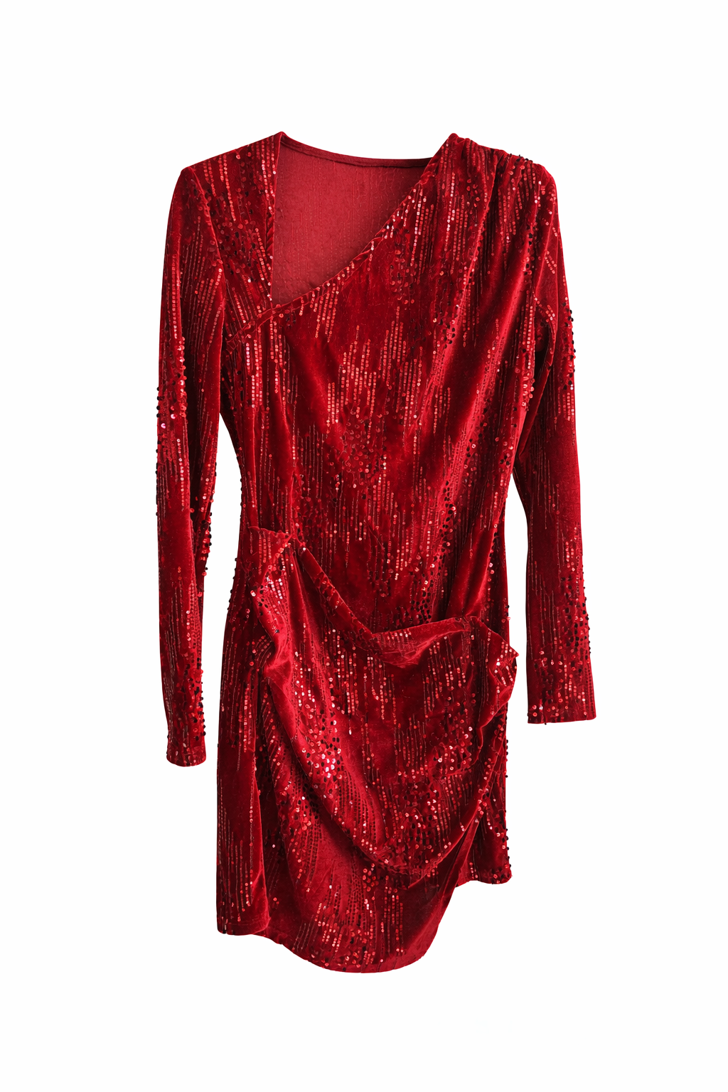 Red Sequin Draped Party Dress