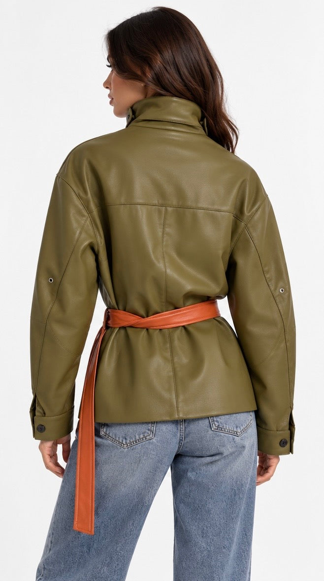 Cognac Leather Belted Jacket