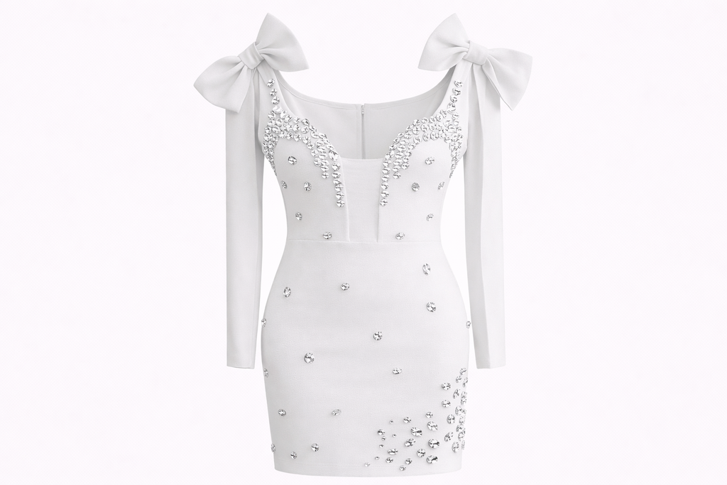 Crystal Bow Shoulder Bandage  Mini Dress - Red , black , white