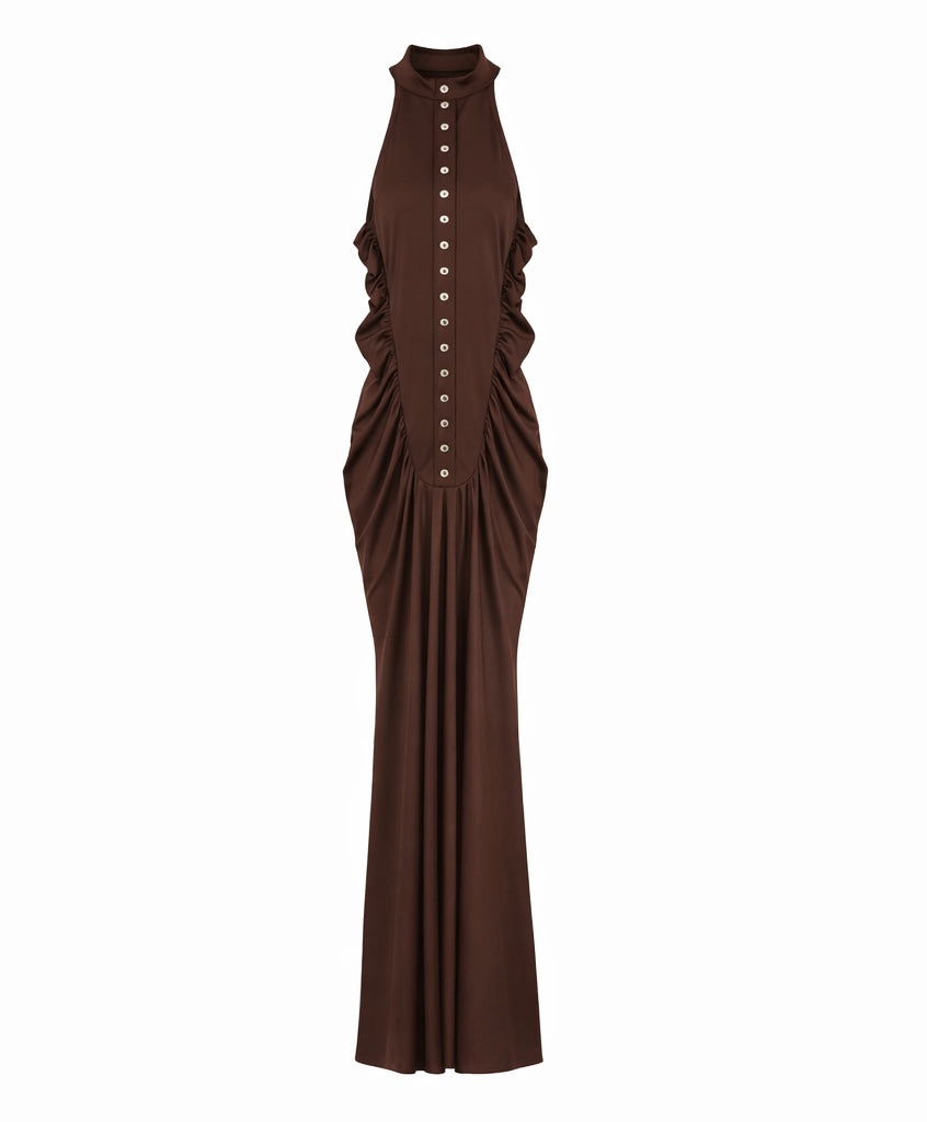 Signature Ruched Halter Gown – Deep Brown & Burgundy