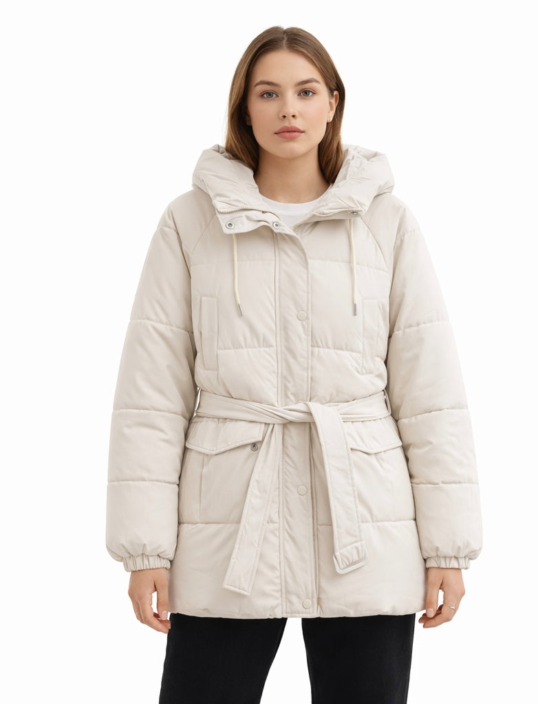 Belted Hooded Puffer Jacket in Cream
