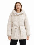 Belted Hooded Puffer Jacket in Cream