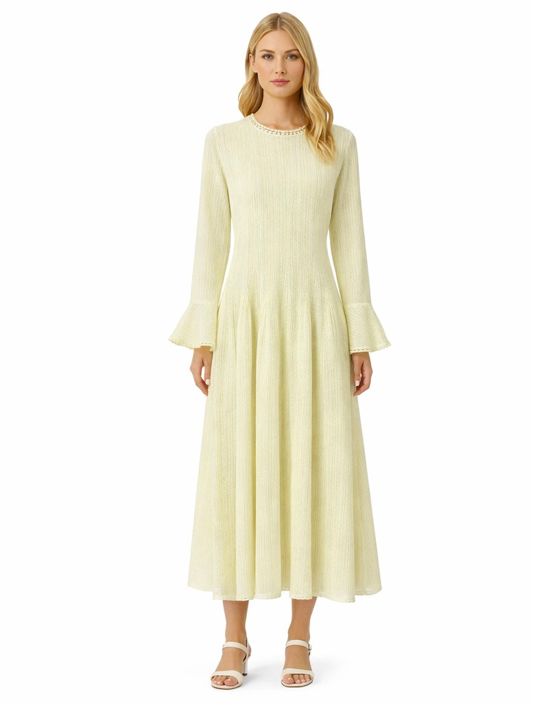 Elegant Pastel Long Sleeve Midi Dress , Lemon & butter yellow