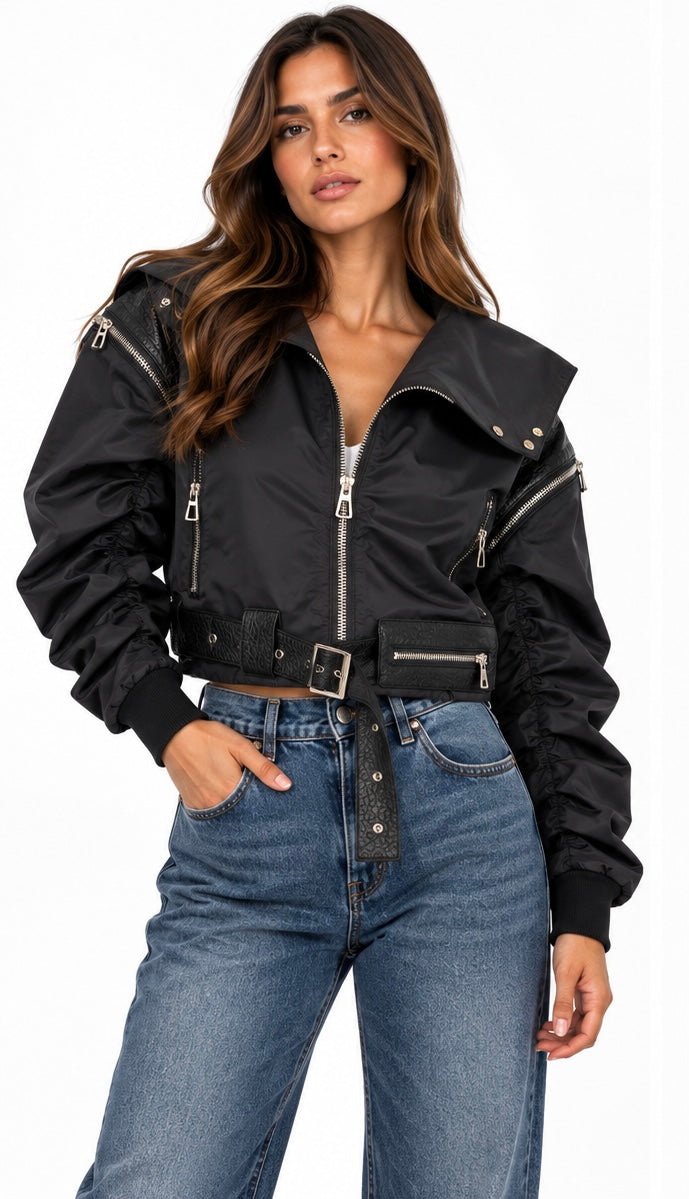 Hooded Cropped Biker Jacket ( Brown , Black )