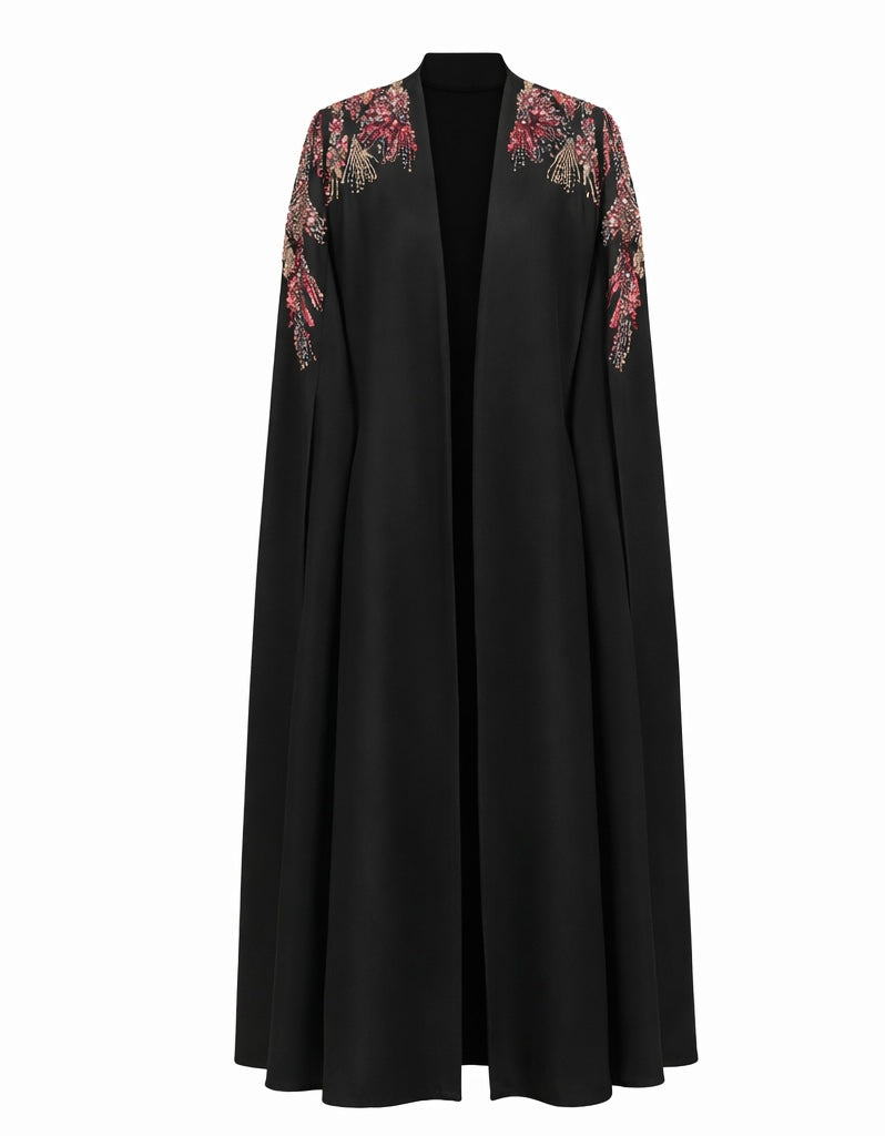 Black Hand-Embellished Open Abaya with Beaded Shoulders