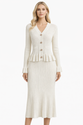 Pearl Button Ribbed Knit Cardigan & Skirt Set White